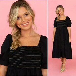 Crosby by Mollie Burch Wilder Dress Black Rainbow Smock Puff Sleeve Midi S/M